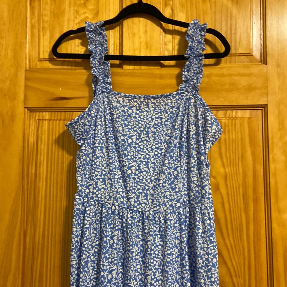 Blue and white cotton sundress with ruffle sleeves